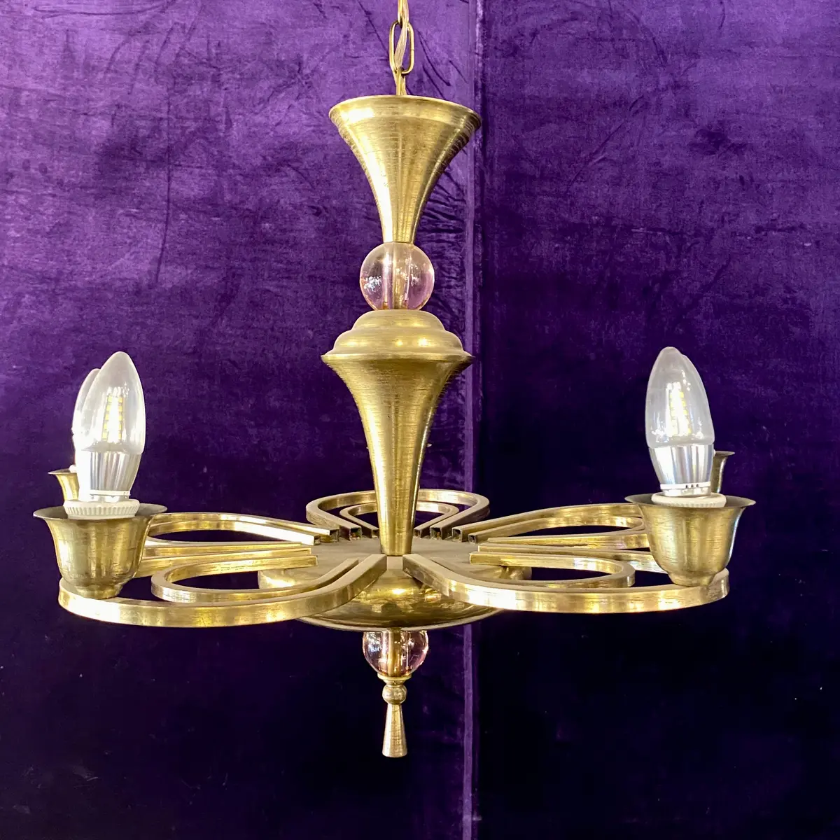Art Deco Brass Chandelier With Pretty Violet Glass Detail 1