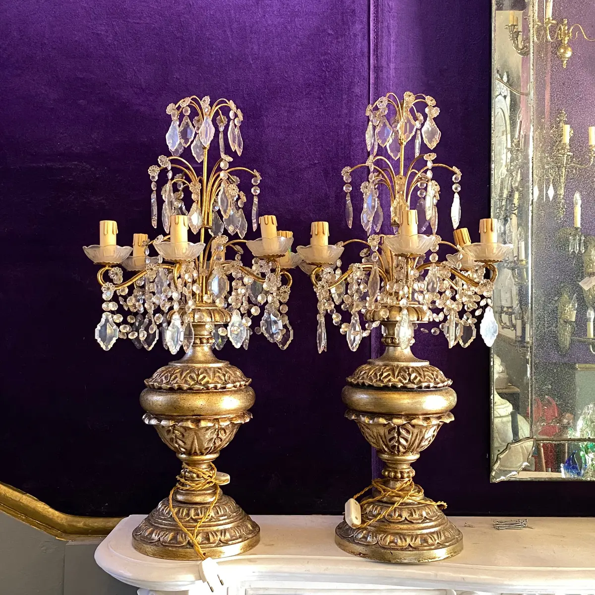 Pair Of Antique Gilt Wood Candelabras With Original Crystals - Sold 1