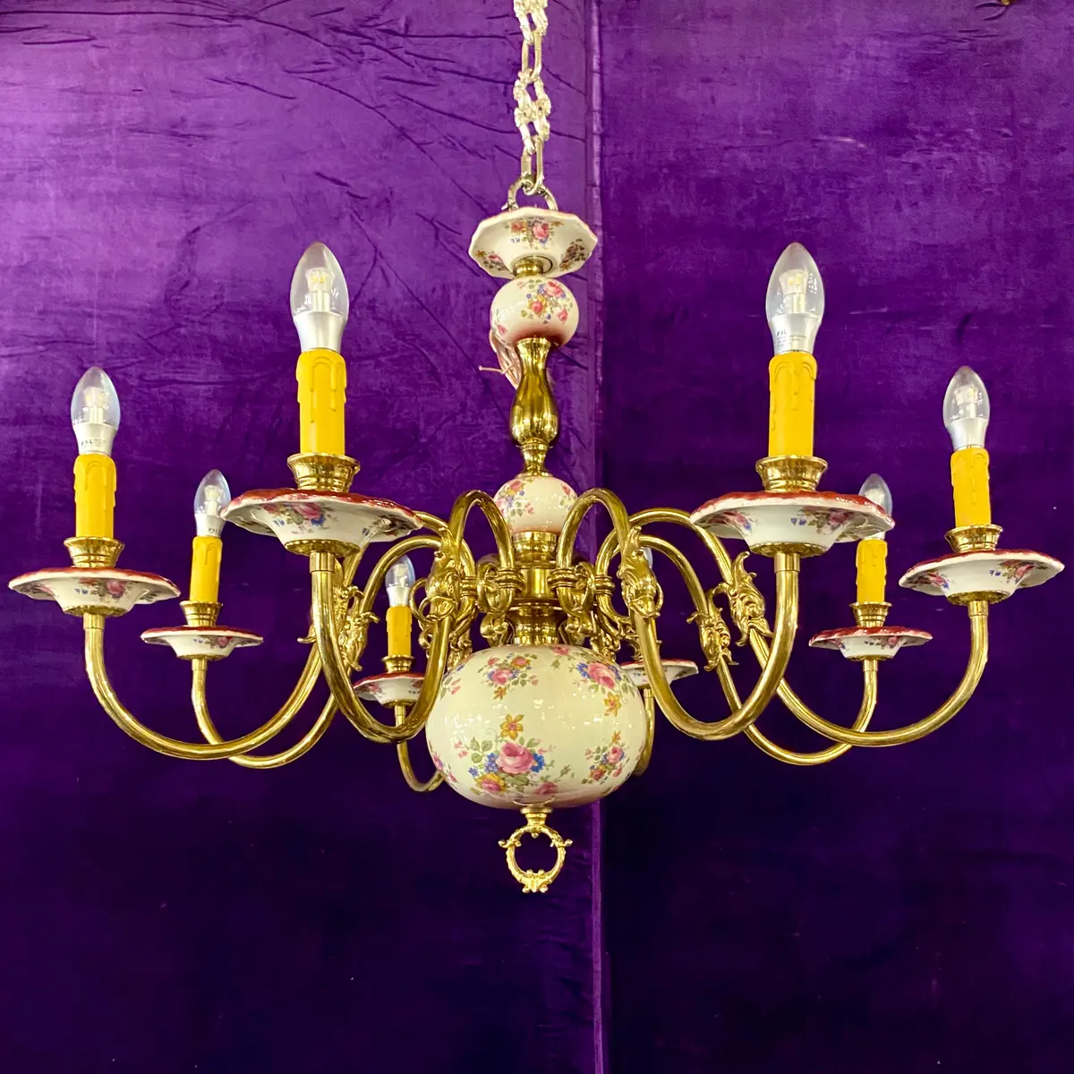 Vintage Pink & Polished Brass Delft Chandelier - Sold 1