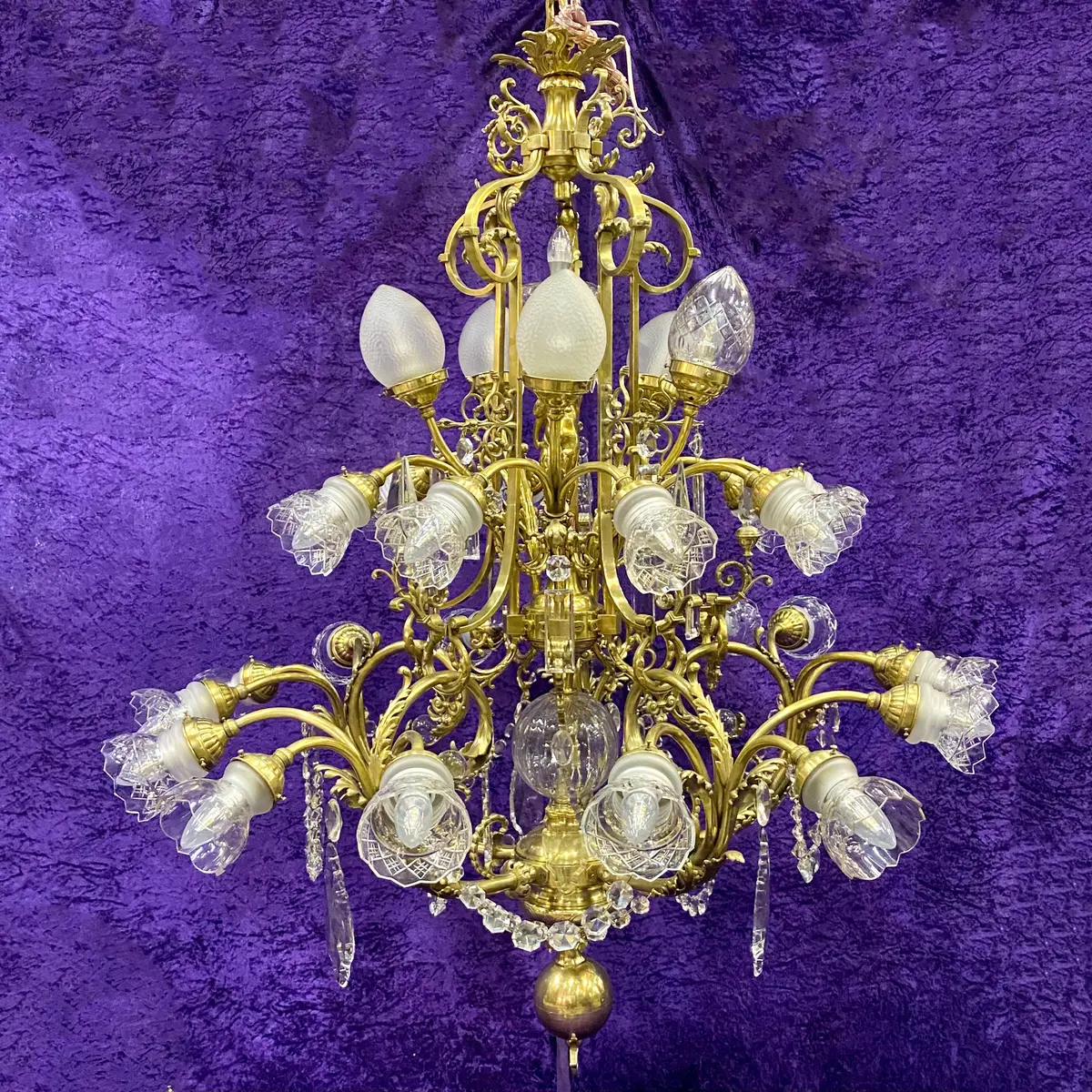 Antique Cast Brass Chandelier With Original Crystals & Glass Shades 1