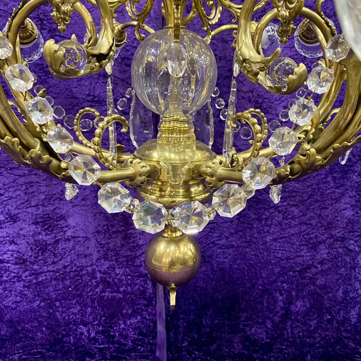 Antique Cast Brass Chandelier With Original Crystals & Glass Shades 2