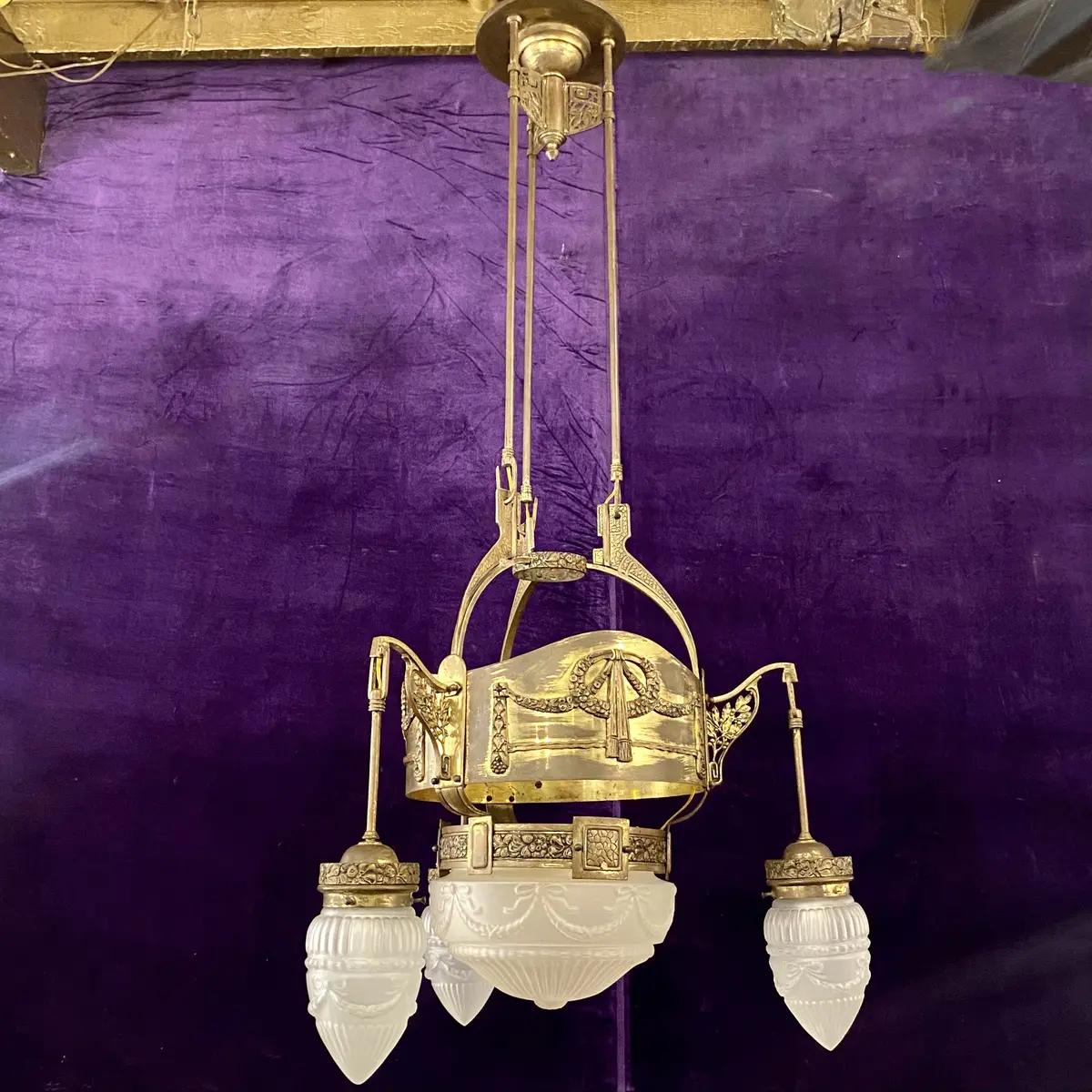Empire Era Brass Pendant With Original Glass Shades - Sold 1