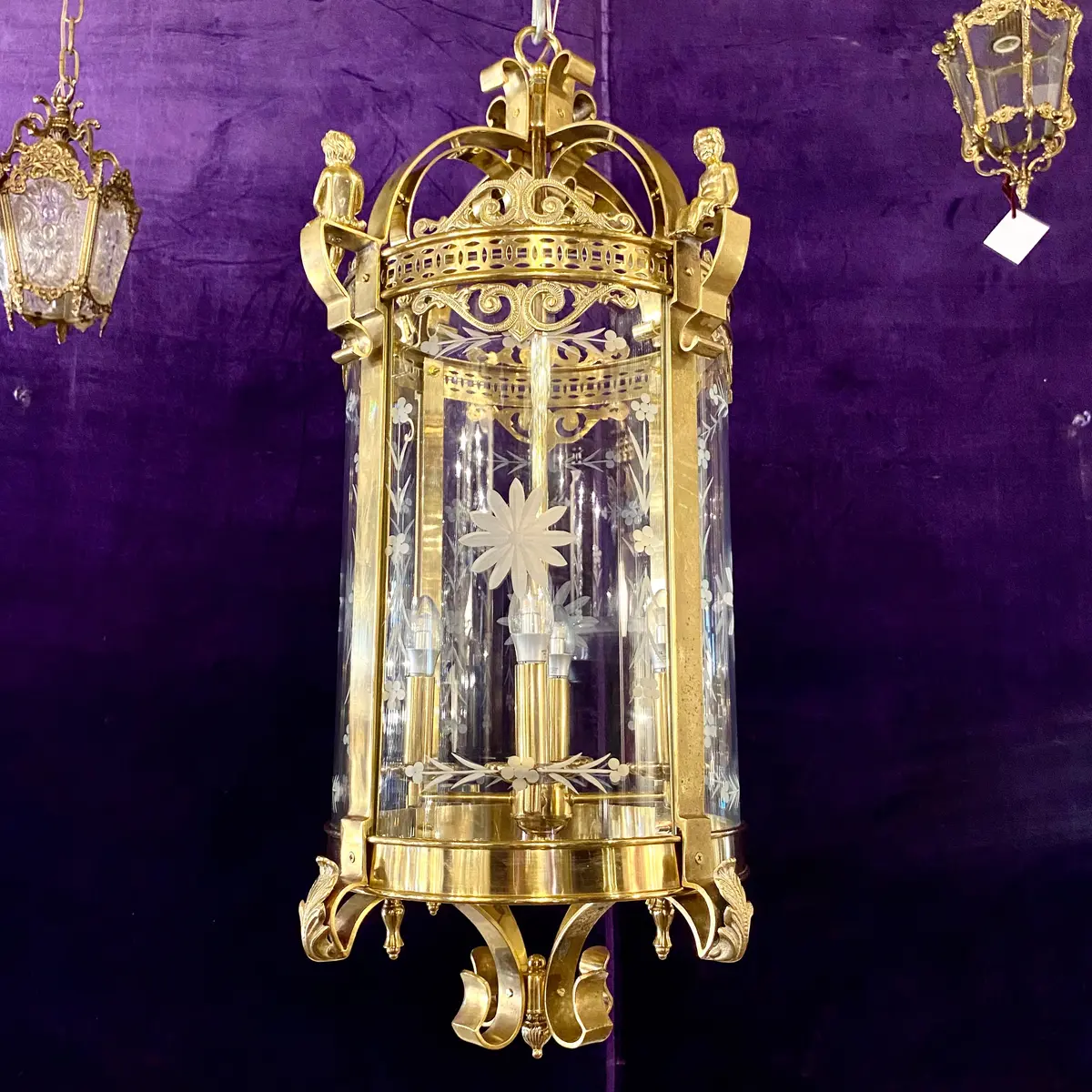 Brass Lantern With Frosted Etched Glass - Sold 1