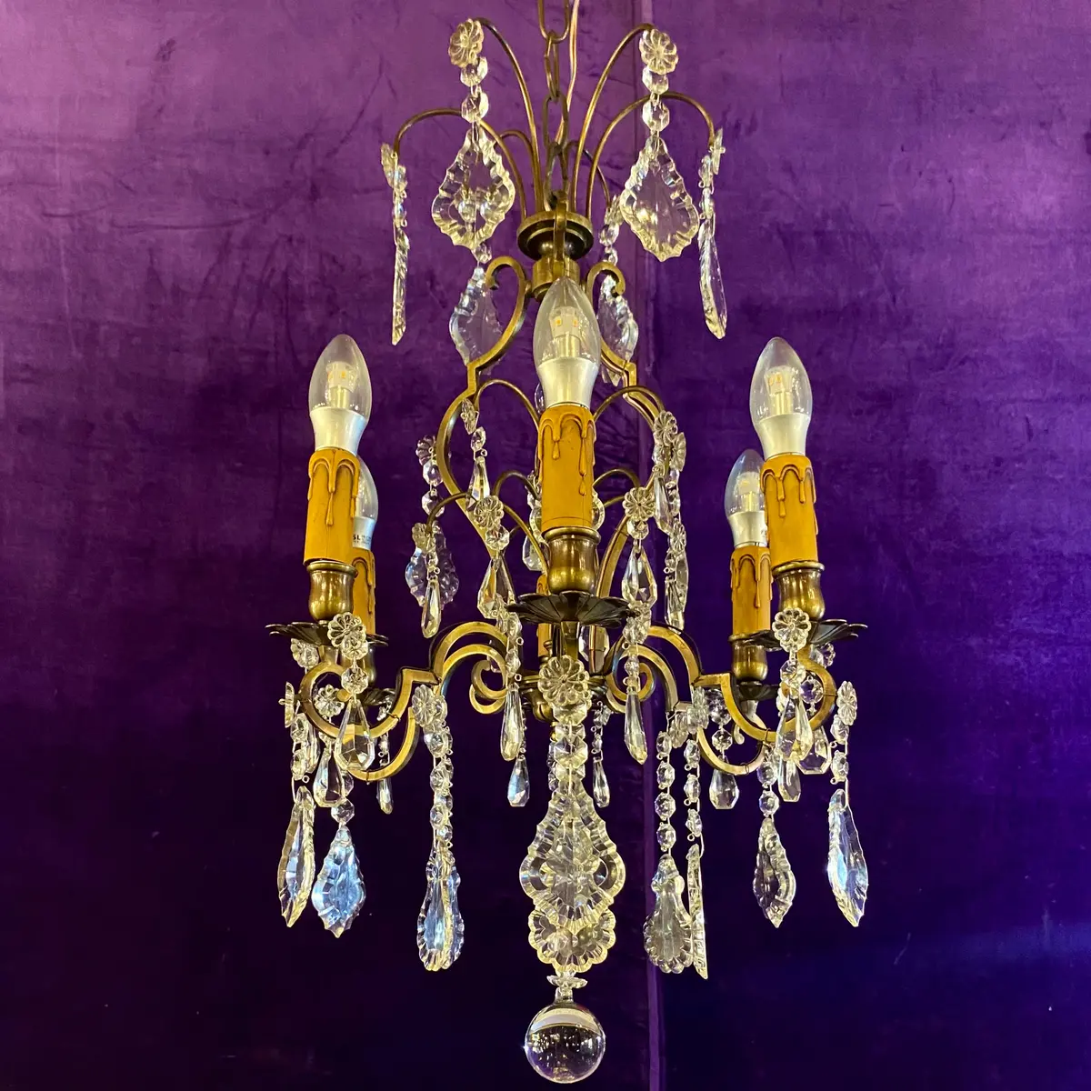 Antique Italian Cage Chandelier With Original Crystals 1