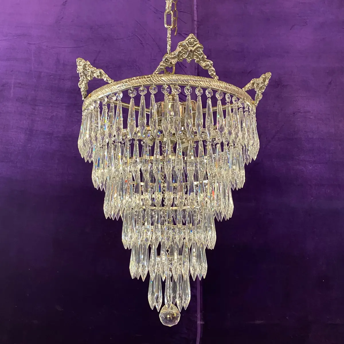 Polished Nickel & Crystal Waterfall Chandelier - Sold 1