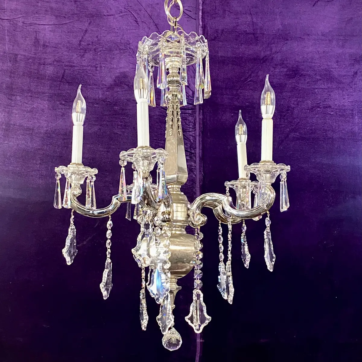 Antique French Nickel Chandelier With Crystal Drops 1