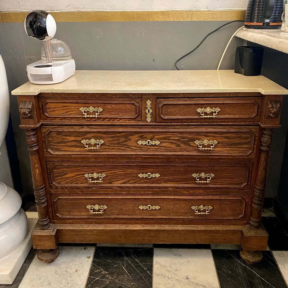 Beautiful Antique Oak Cabinet With Creme Marble Top 1