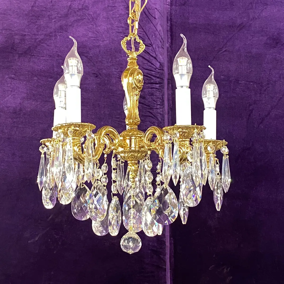 Dainty Antique Brass And Crystal Chandelier - Sold 1