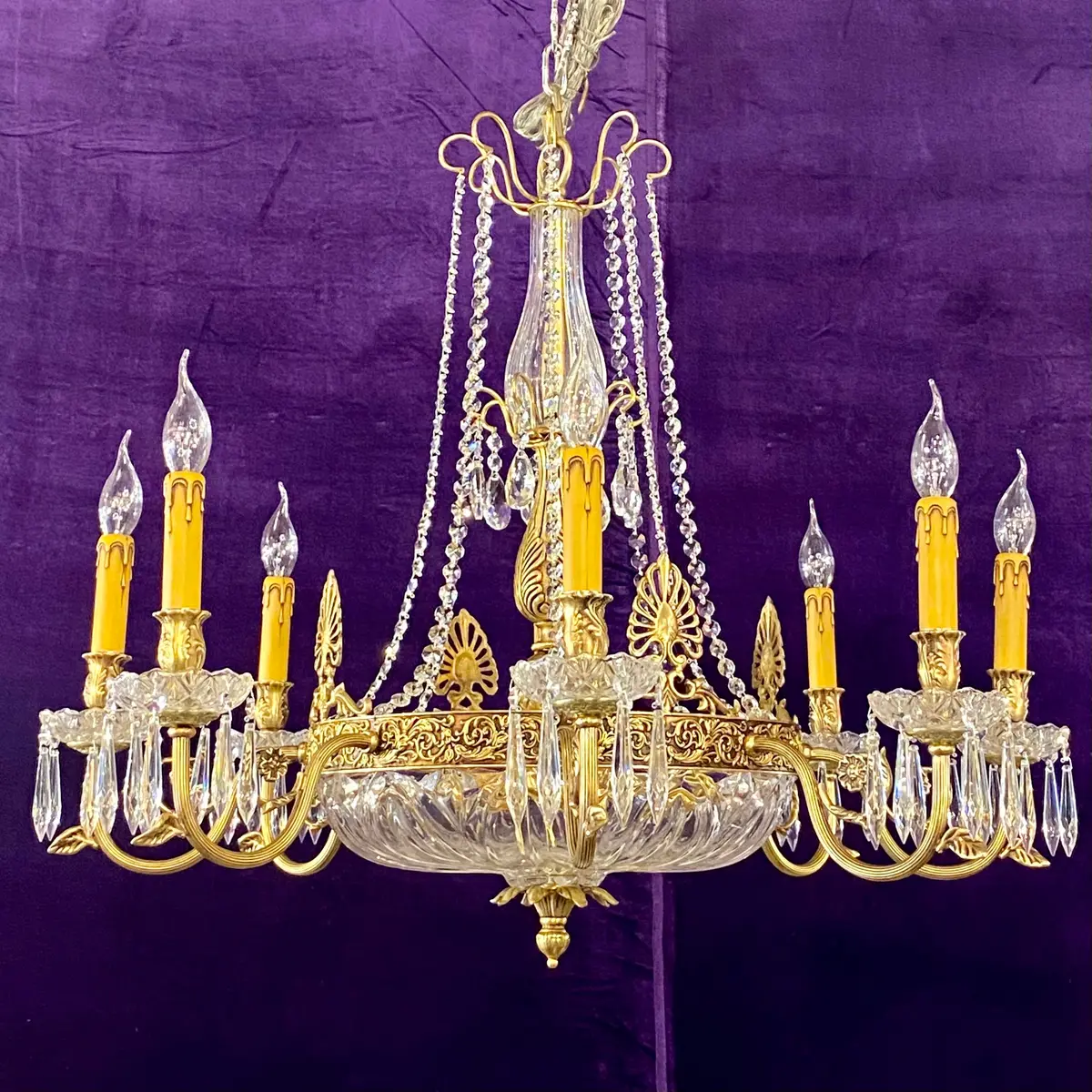 Brass & Crystal Neoclassical Chandelier With Cut Glass - Sold 1