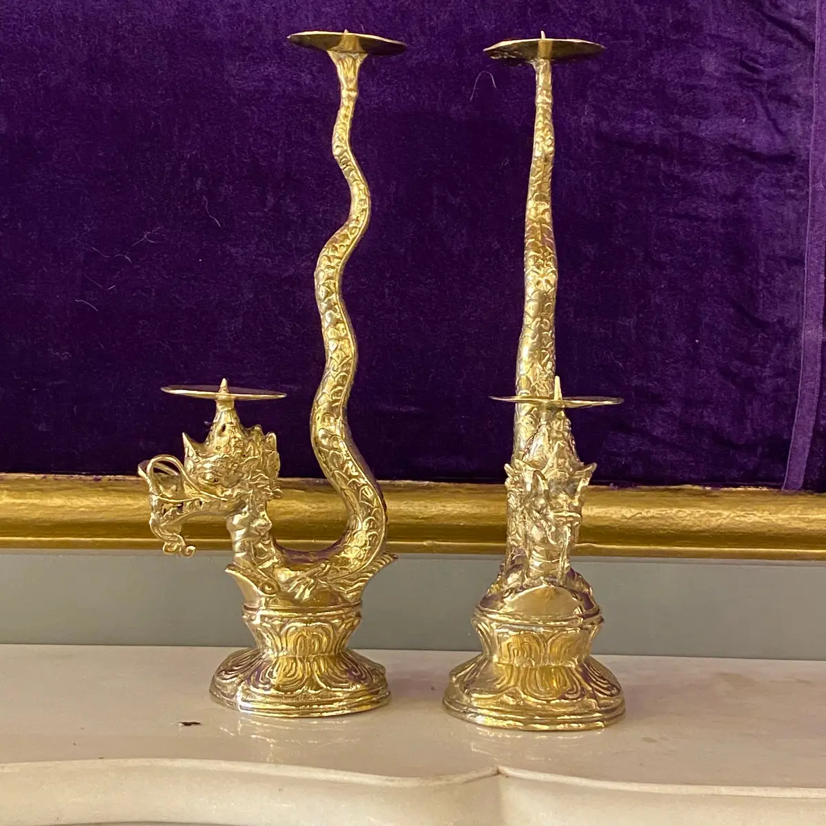 Pair Of Polished Brass Dragon Candle Holders - Sold 1