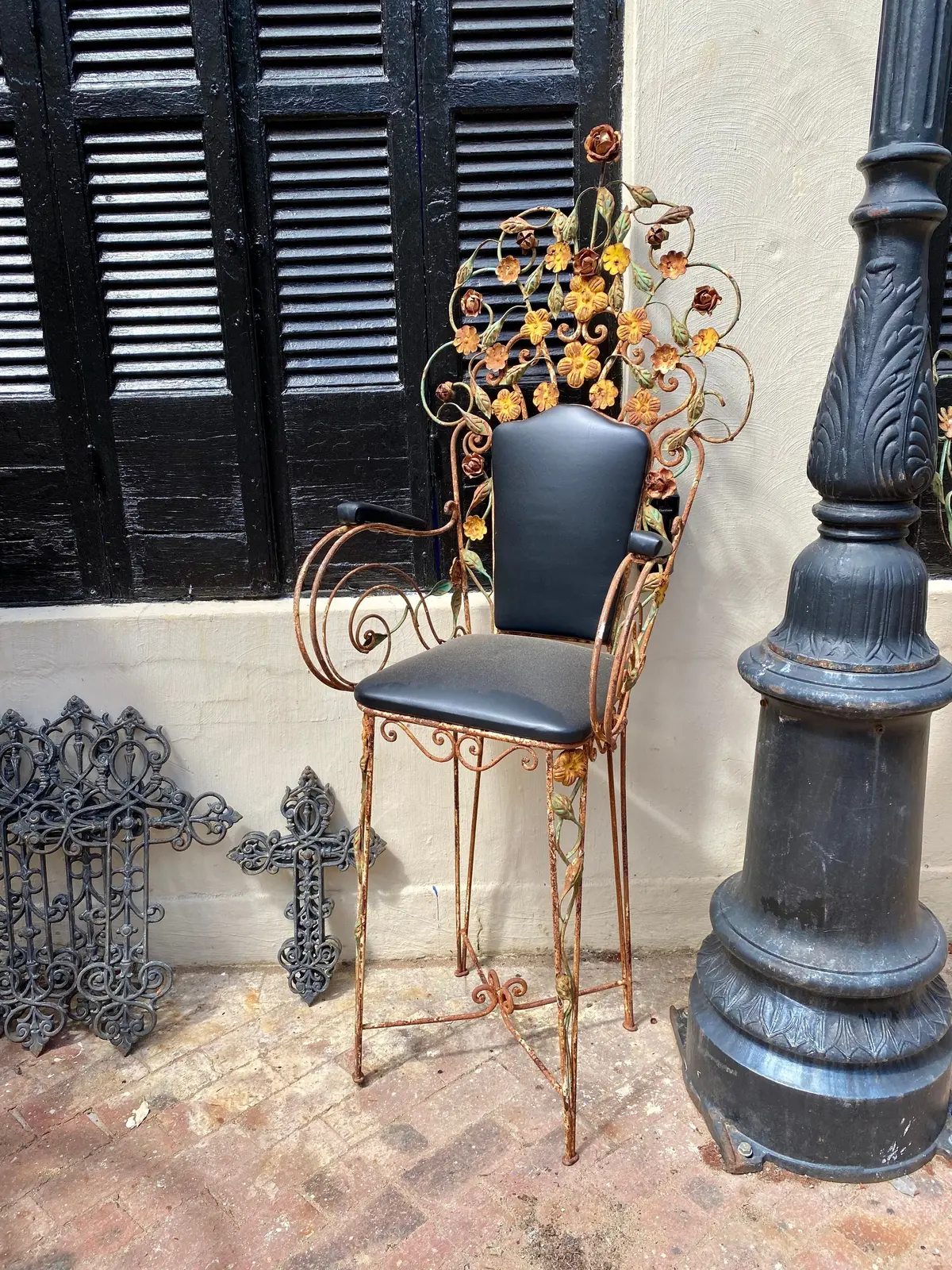 Ornate Wrought Iron Armchair With Vinyl Upholstery 1