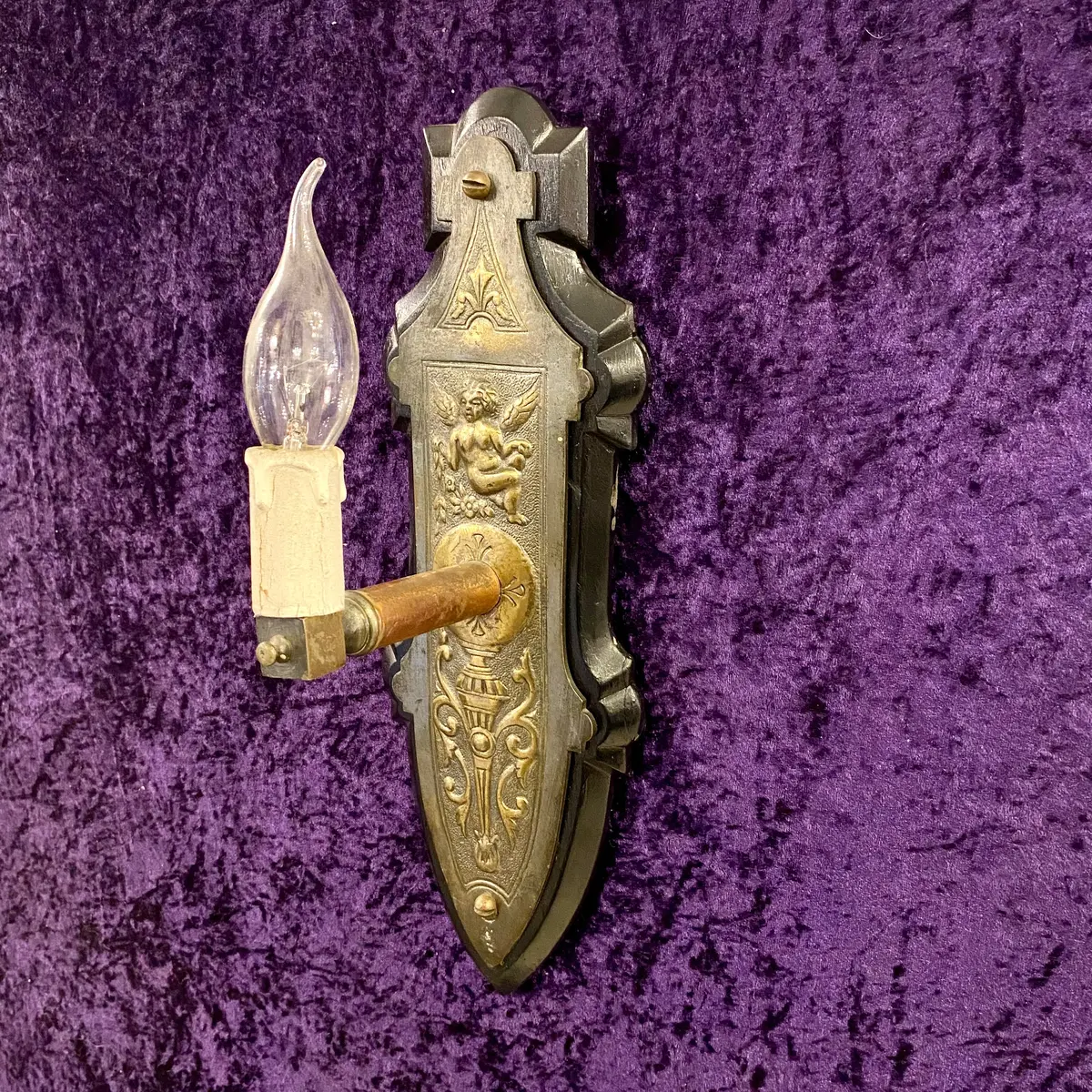 Pair Of Antique Wall Sconces With Brass Cherub Detail & Wooden Back 1