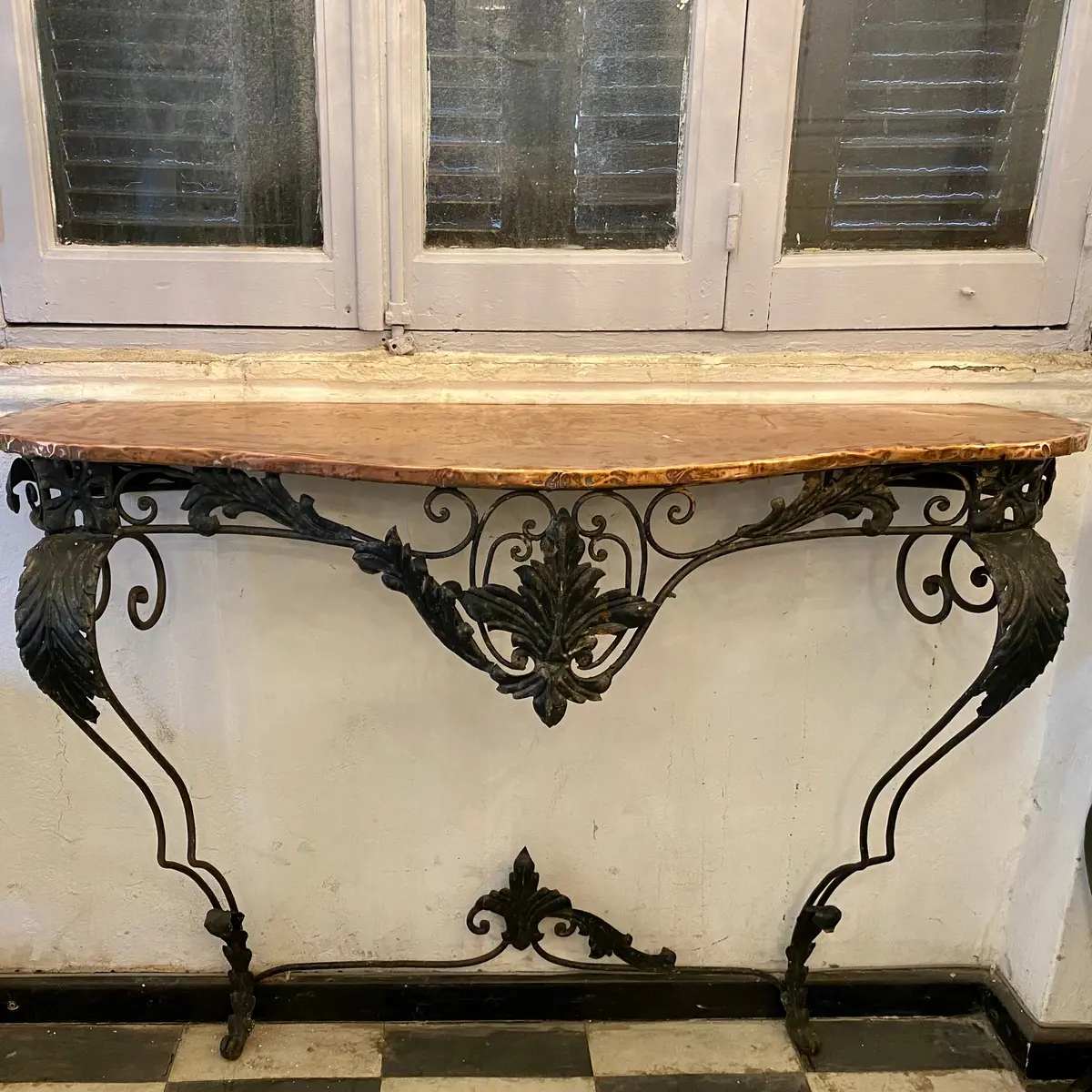 Wrought Iron Wall Mounted Console With Cladded Copper Top - Sold 1