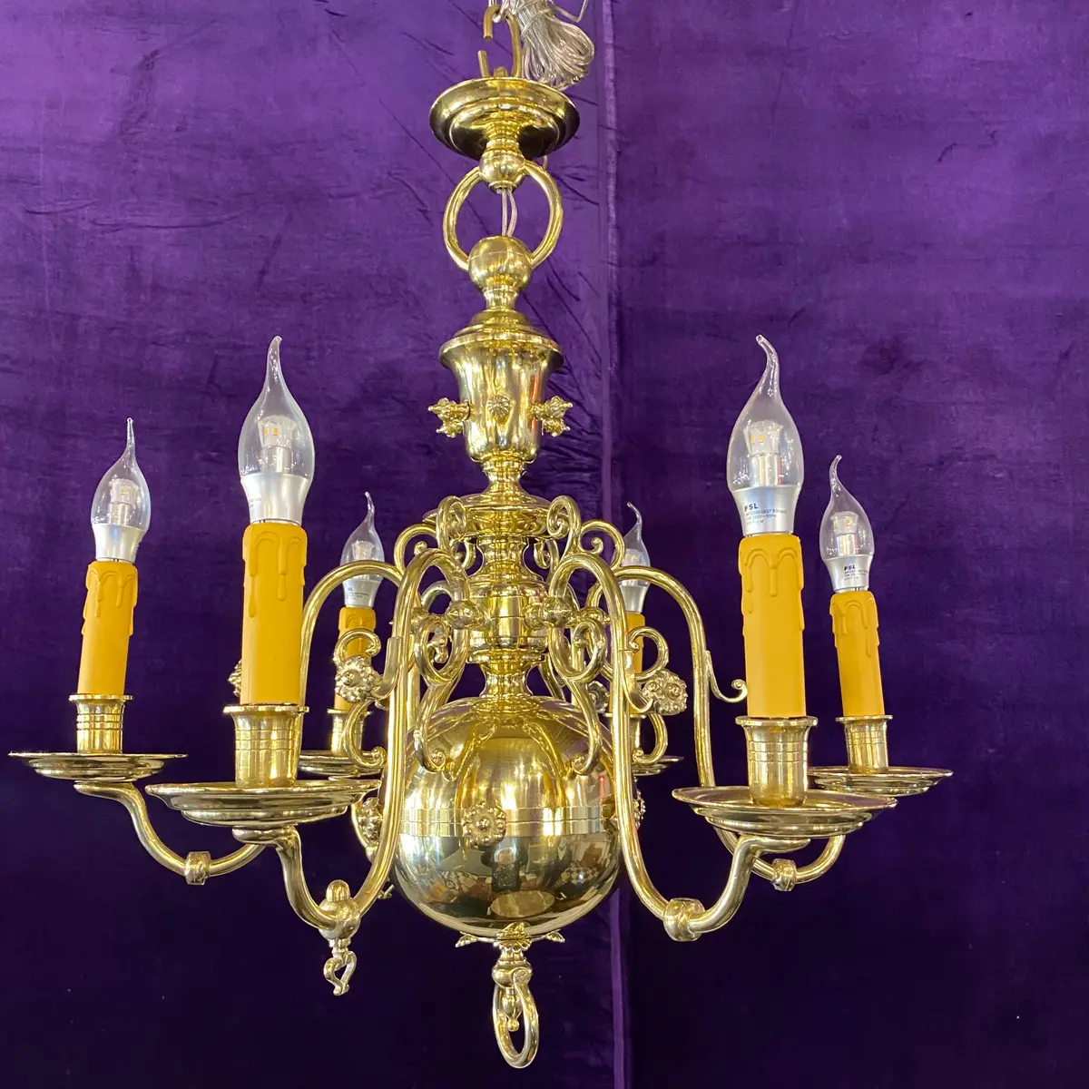 Antique Polished Brass Gasolier Flemish Chandelier - Sold 1