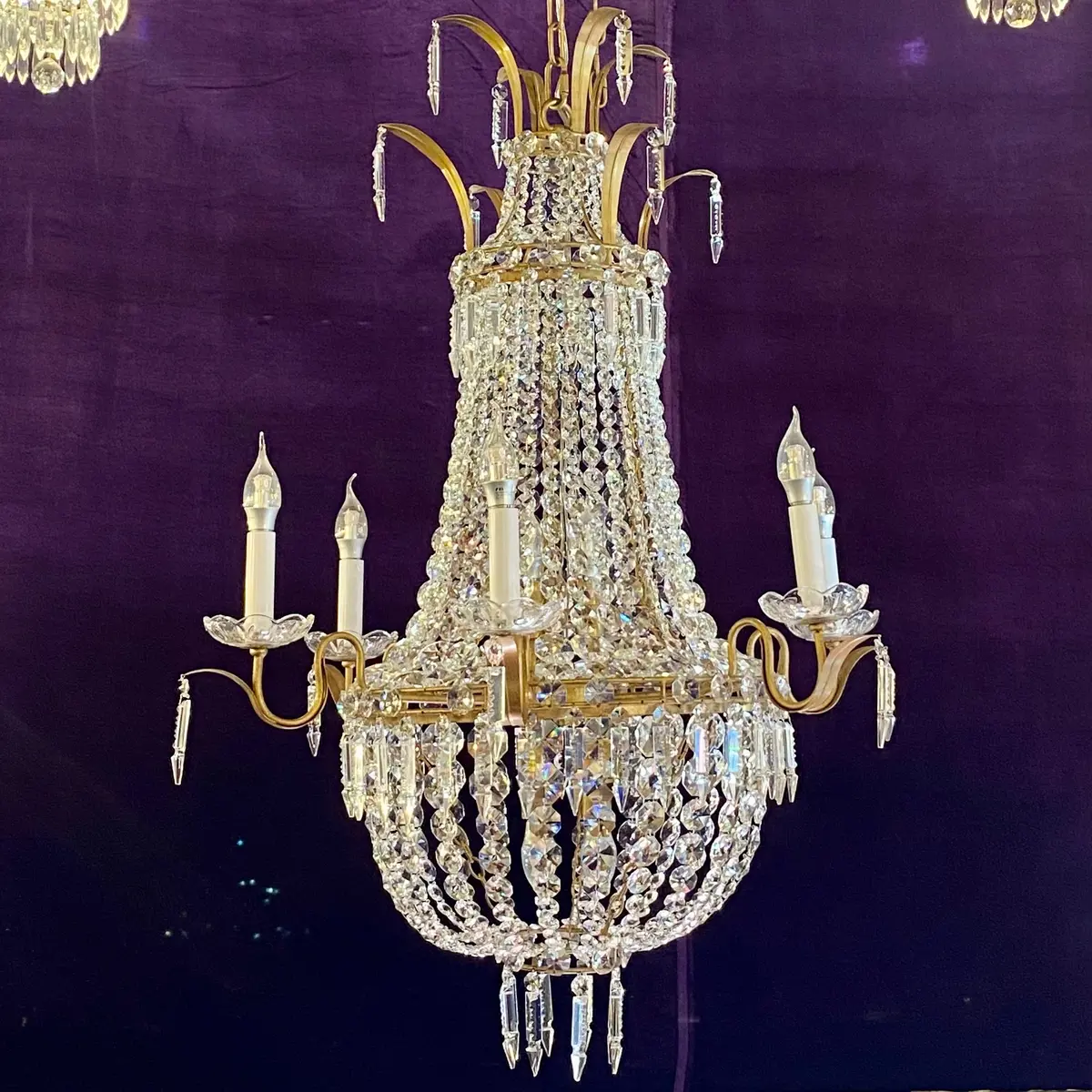 Gilt Metal Neoclassical Crystal Chandelier - Sold 1