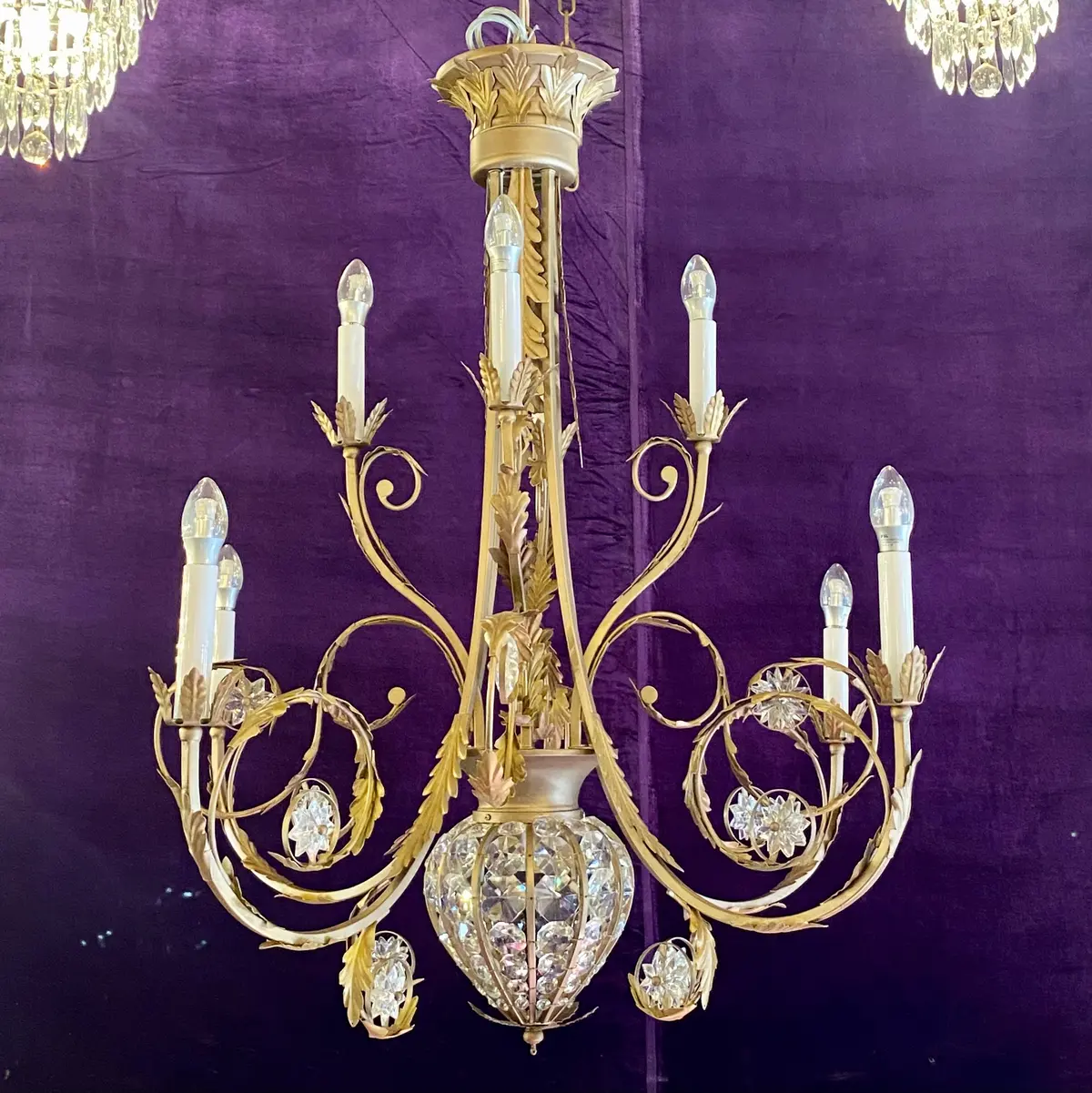 An Unusual Gilt Metal Chandelier With Crystals - Sold 1