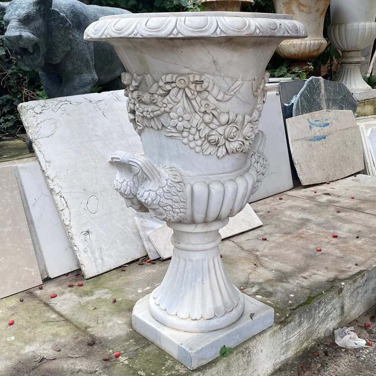 Very Heavy Hand Carved Marble Urns - Sold 1