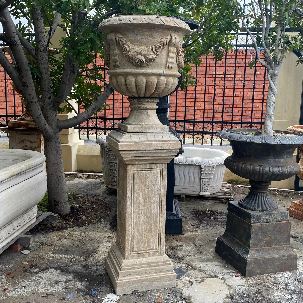 Elegant Bluestone Urn On Plinth (Pair) - Sold 1