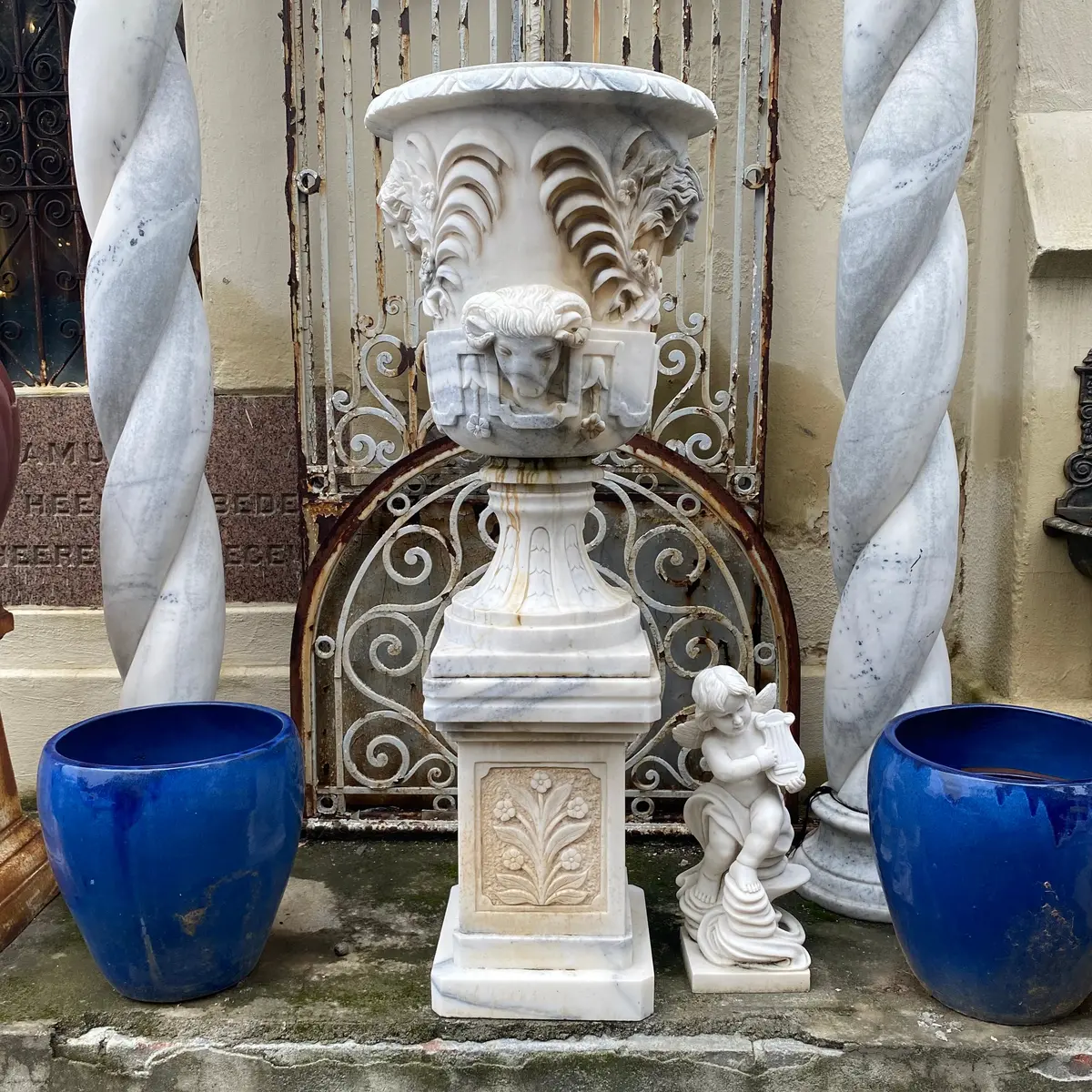 Unusual White Marble Urn With Ram Heads - Sold 1