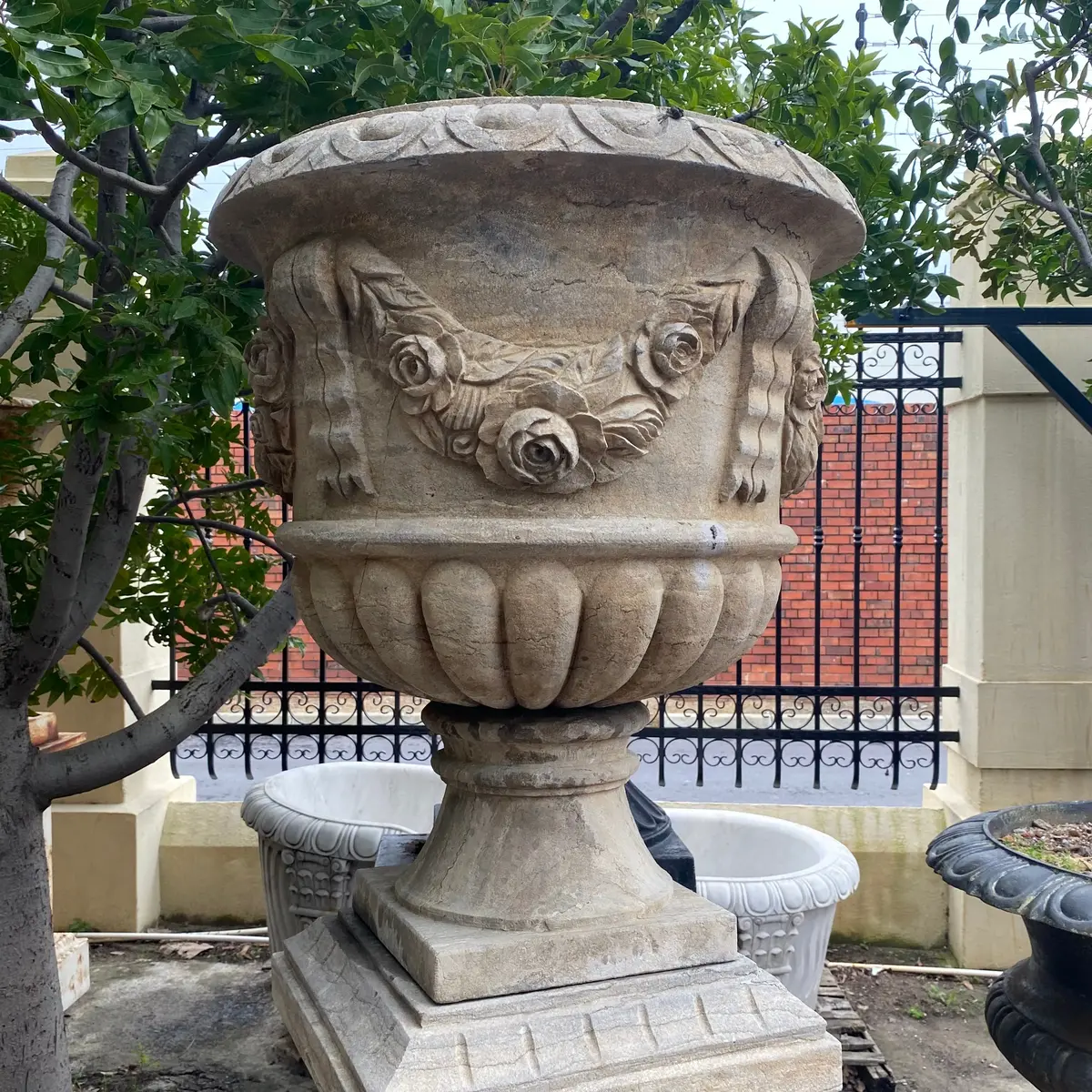 Elegant Bluestone Urn On Plinth (Pair) - Sold 2