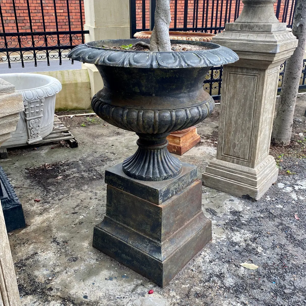 Verdigris Green Cast Iron Urn On Plinth - Sold 1