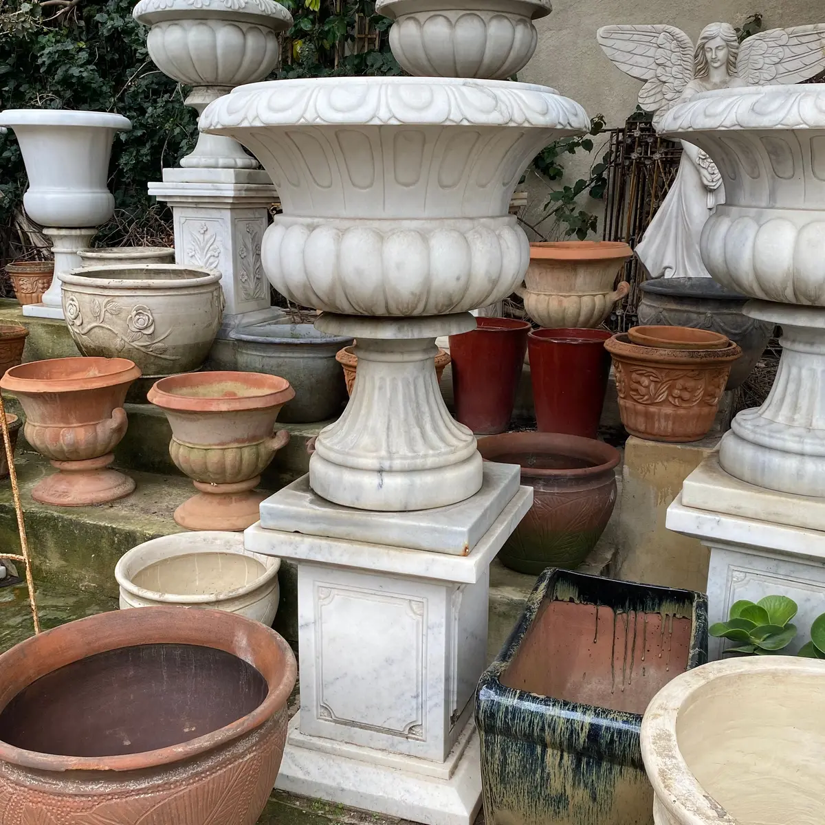 A Heavy White Marble Urn With Wide Rim - Sold 1