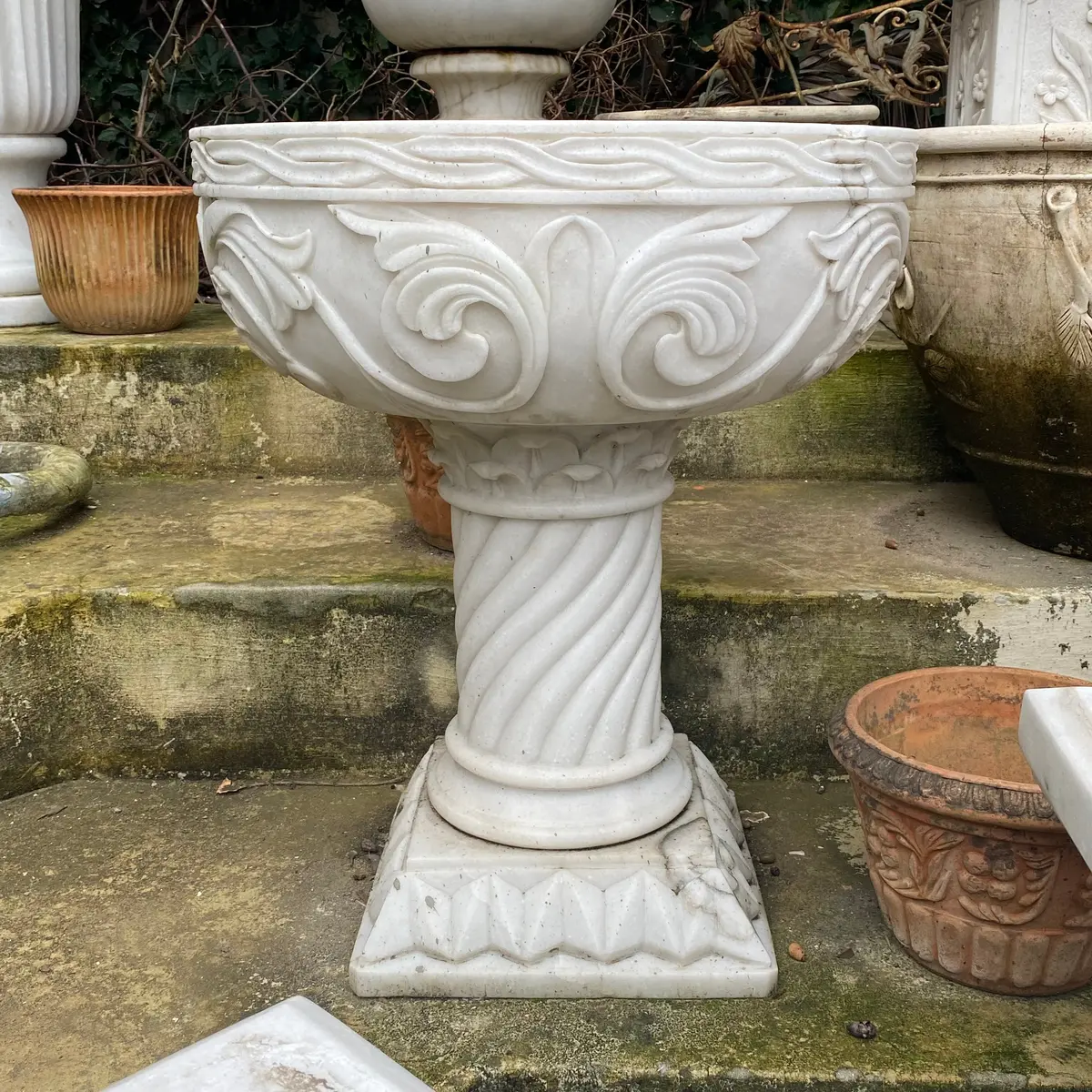 Pair Of Beautifully Carved Heavy White Marble Urns - Sold 1