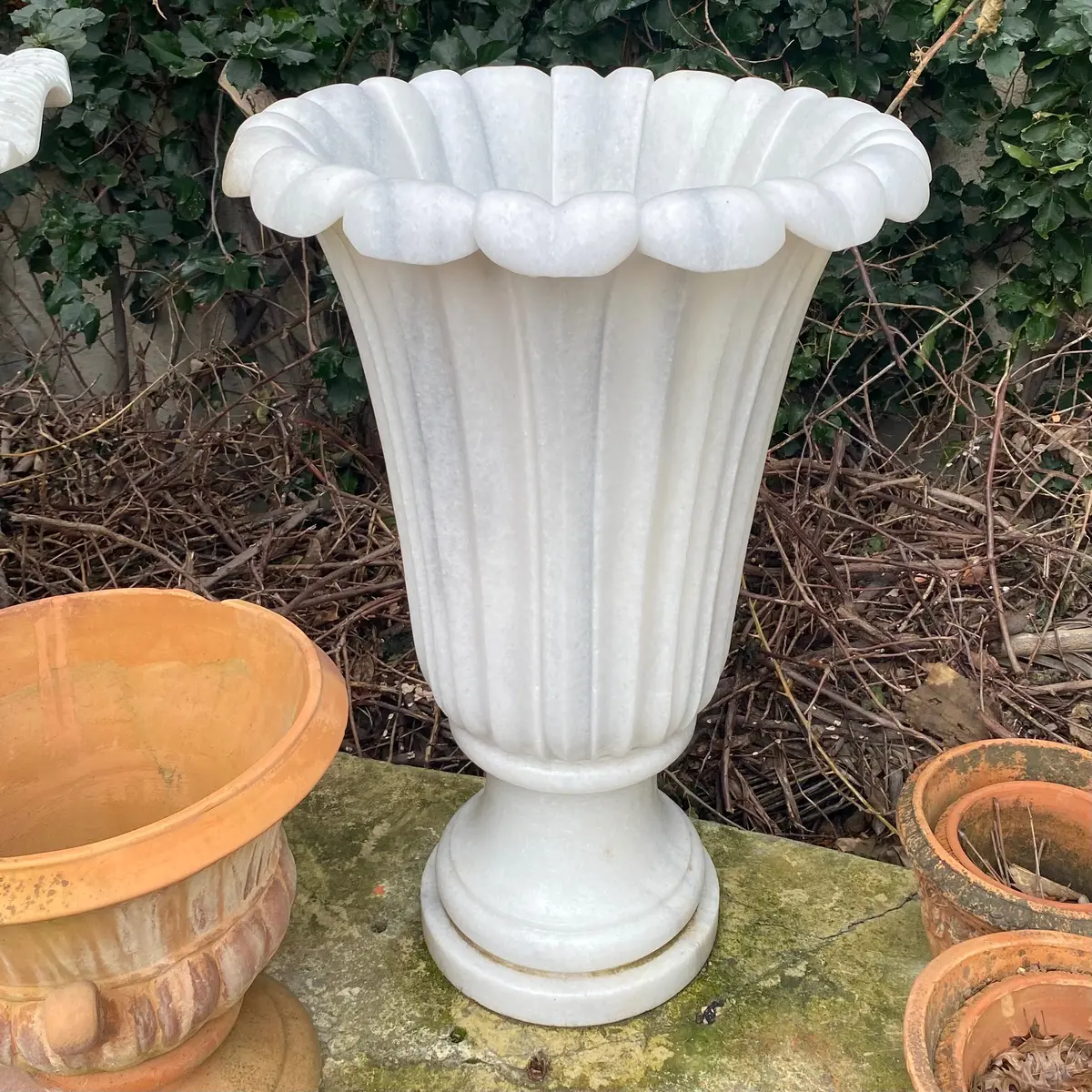 Fluted Agapanthus White Marble Urn With Grey Vein - Sold 1