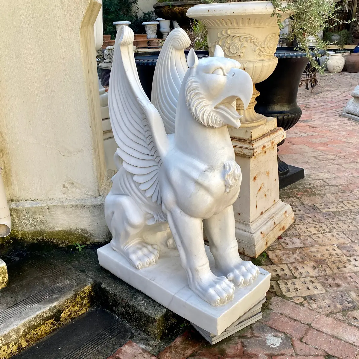 Pair Of Carved White Marble Gryphons - Sold 1