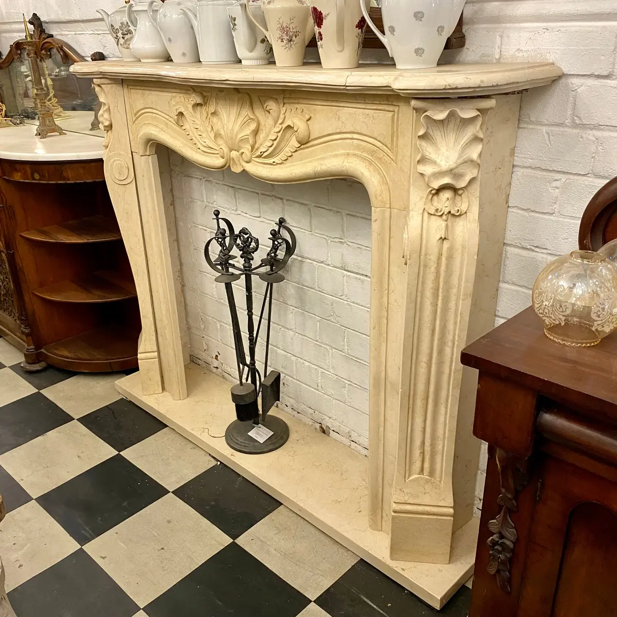 Stunning Hand Carved Creme Marble Fireplace 1