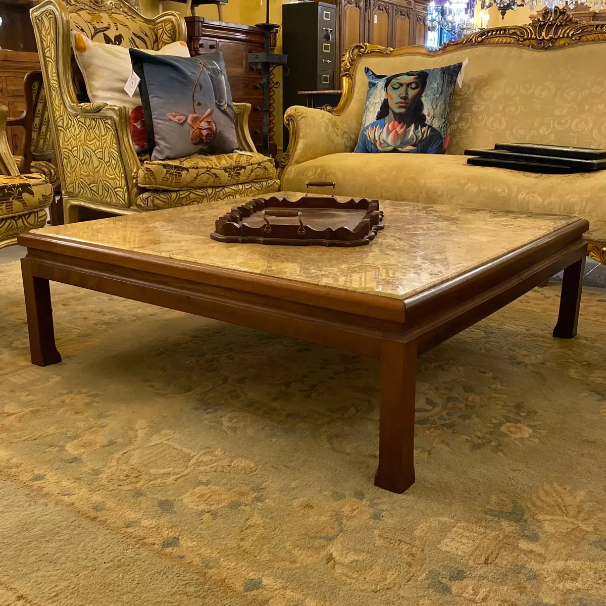 Antique Mahogany Coffee Table With Marble Top 1