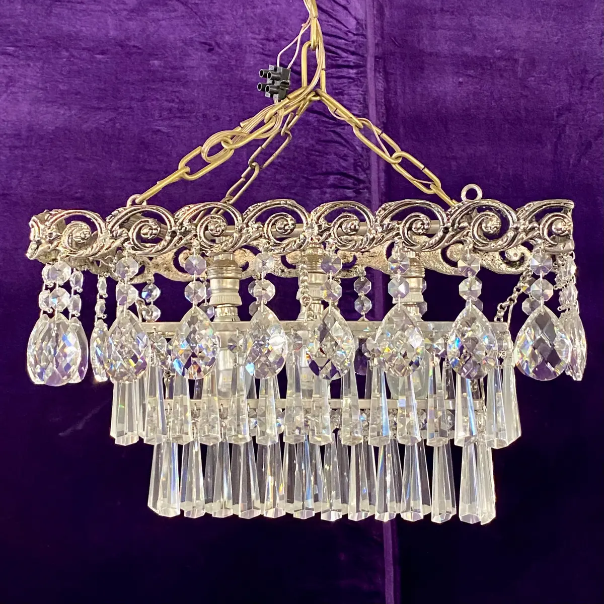 Rectangular Aged Nickel & Crystal Waterfall Chandelier - Sold 2