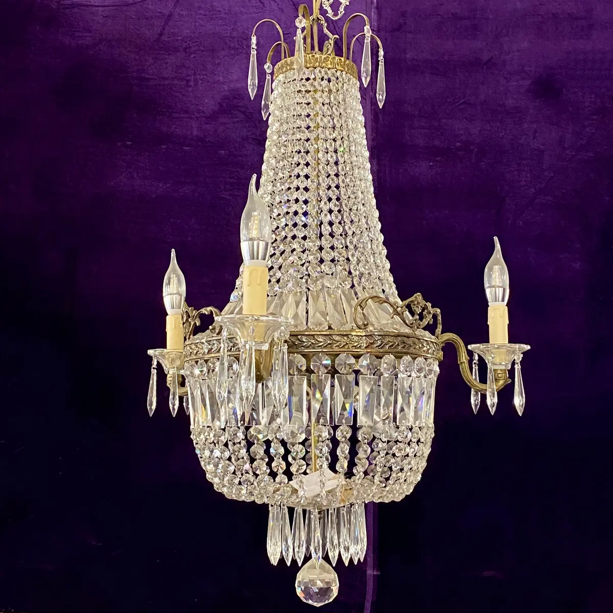 Beautiful Aged Brass And Crystal Neoclassical Chandelier - Sold 1