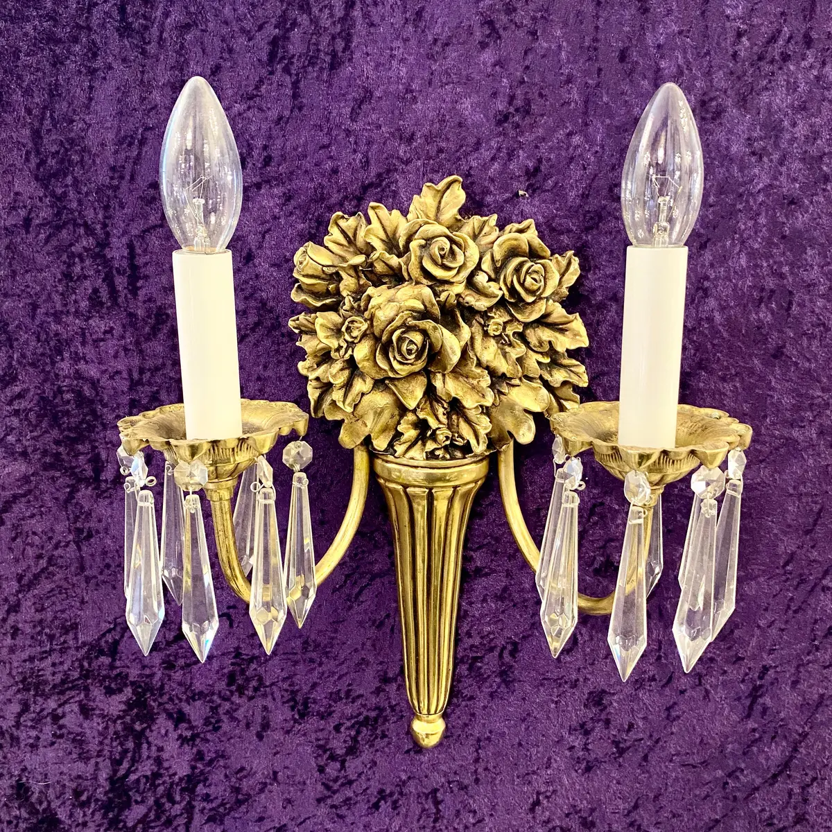 Elegant Brass & Crystal Rose Wall Sconces - Sold 1