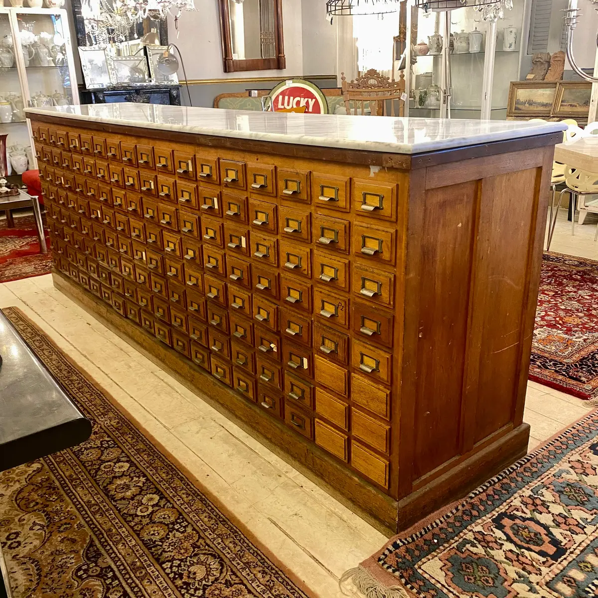 Large Oak And White Marble Library Card Catalog Counter, Early 20Th Century - Sold 1