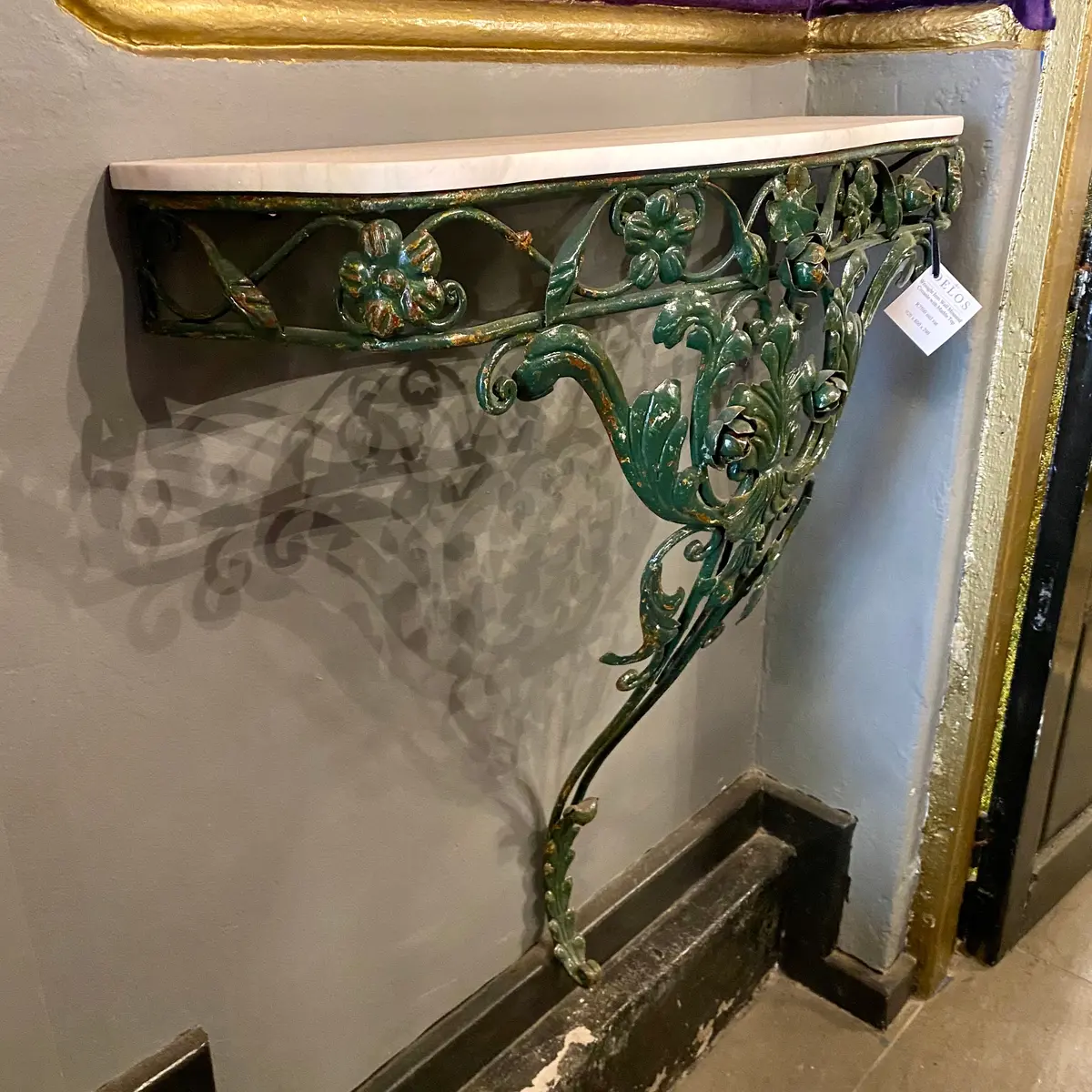 Bottle Green Wrought Iron Console With Marble Top - Sold 1