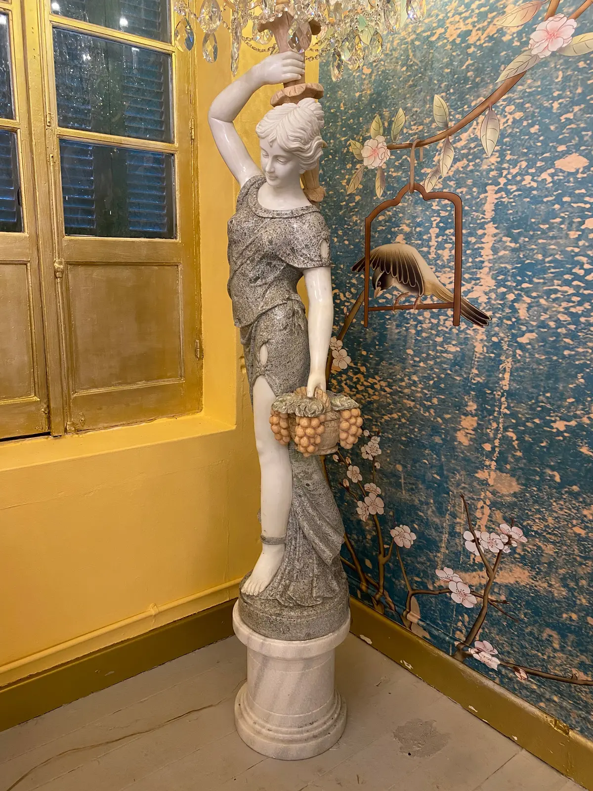 Pair Of Hand Carved Marble Ladies With Nickel & Crystal Cage Chandeliers - Sold 1