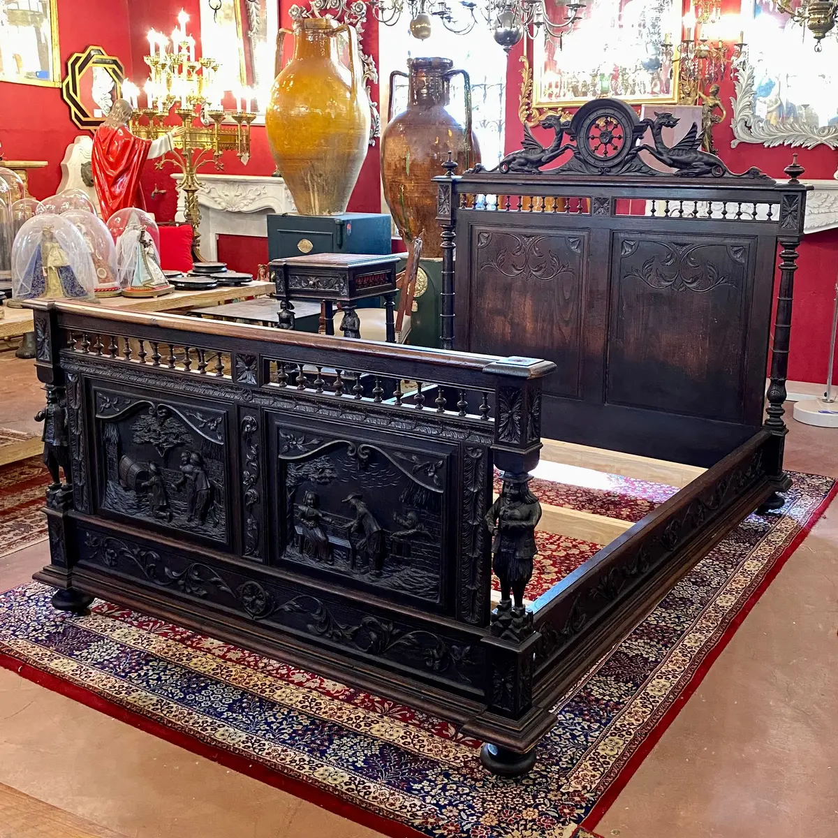 Incredible Antique Breton French Oak Bed & Nightstand - Sold 1