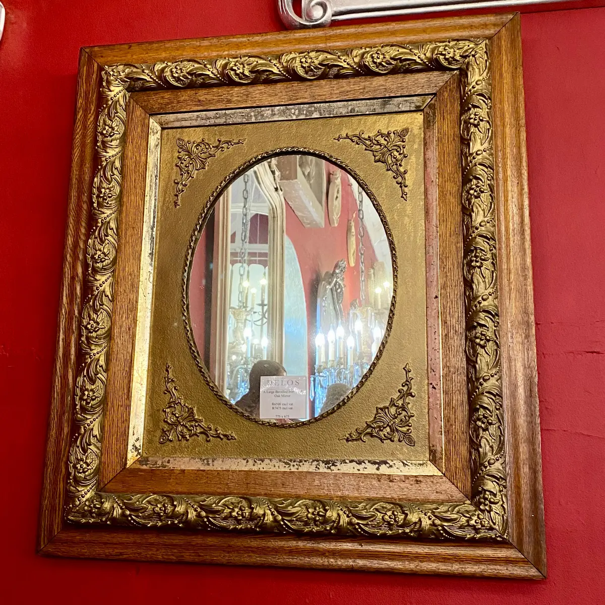 Antique Beveled Mirror With A Brass & Oak Frame 1