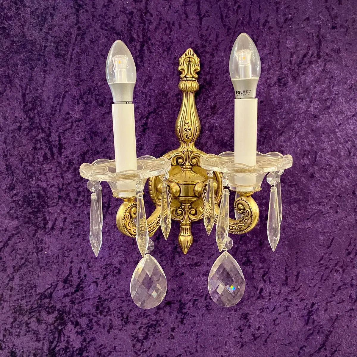 Beautiful Aged Cast Brass Wall Sconce With Crystal Drops - Sold 1