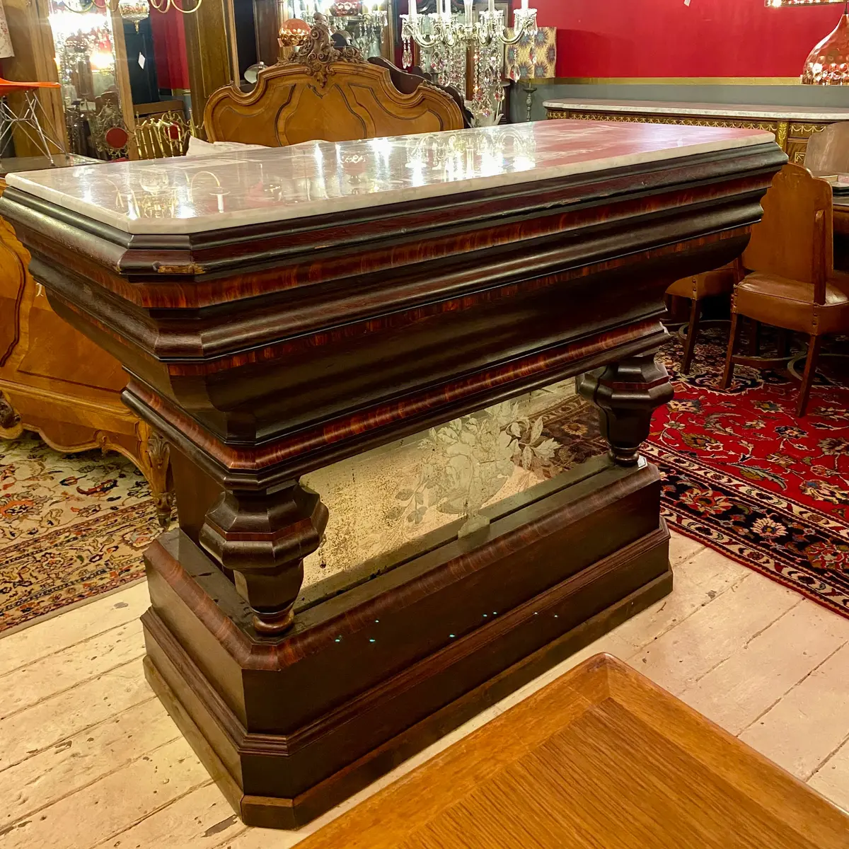 Early 20Th Century Mahogany Bar With Marble Top & Detailed Mirror - Sold 1