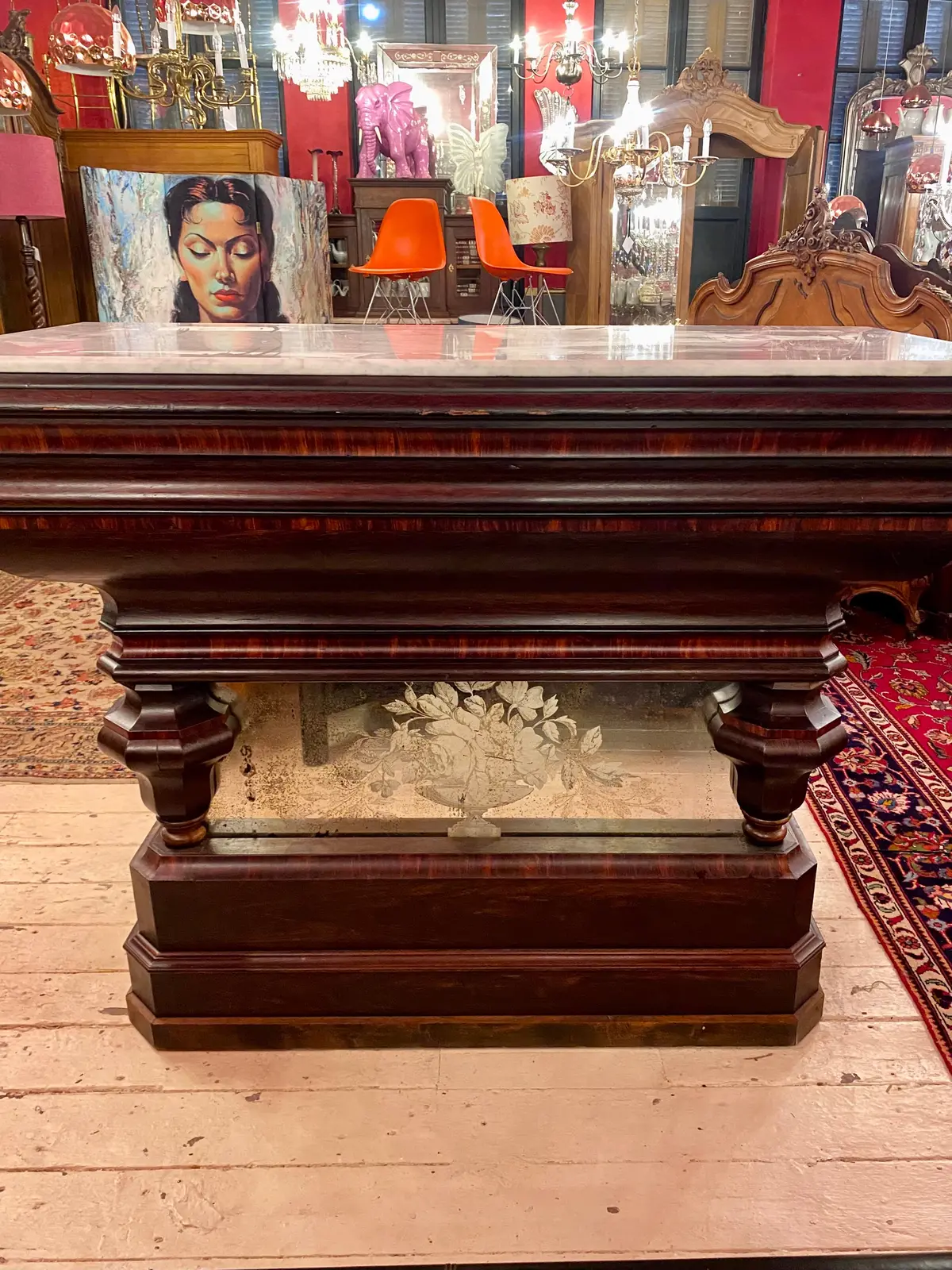 Early 20Th Century Mahogany Bar With Marble Top & Detailed Mirror - Sold 2