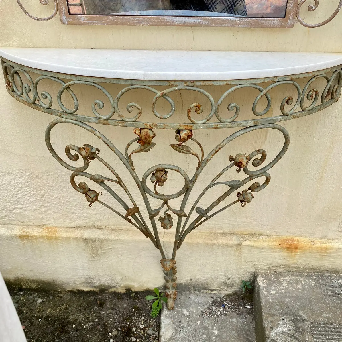 Aged And Distressed Wrought Iron Console With Marble Top 1