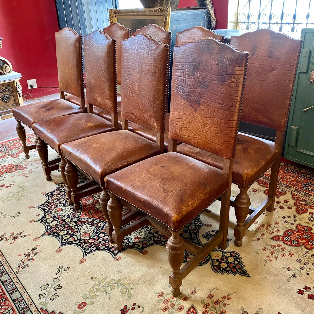 Set Of Eight Antique Oak & Leather Dining Chairs - Sold 1