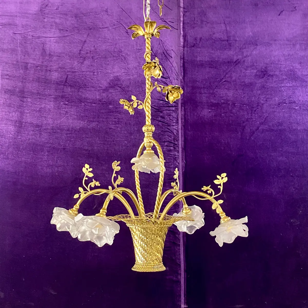 Pretty Polished Brass Flower Basket Chandelier - Sold 1