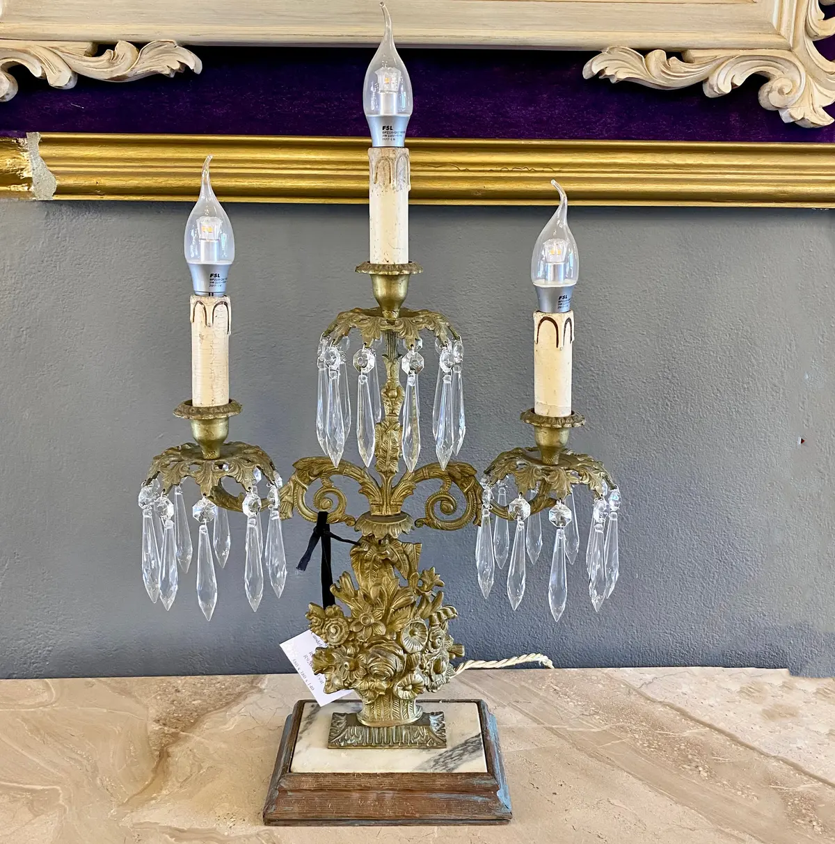Antique Brass & Crystal Candelabra With Marble Base - Sold 1