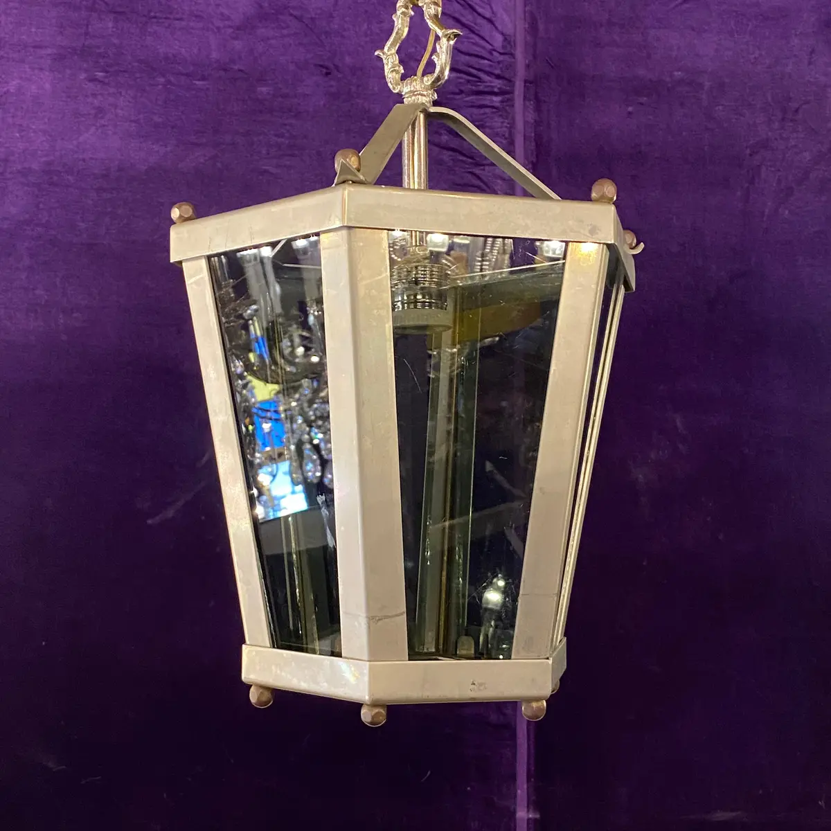An Aged Nickel Lantern With Smokey Glass 1