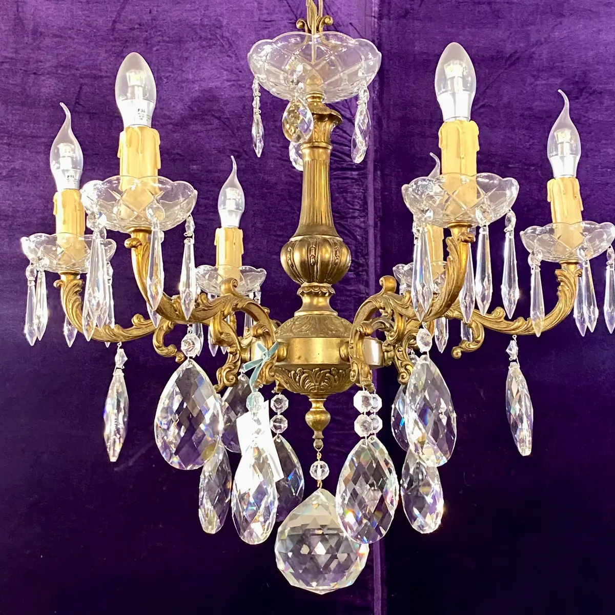 Antique French Brass & Crystal Chandelier With Tear Drop Crystals - Sold 1