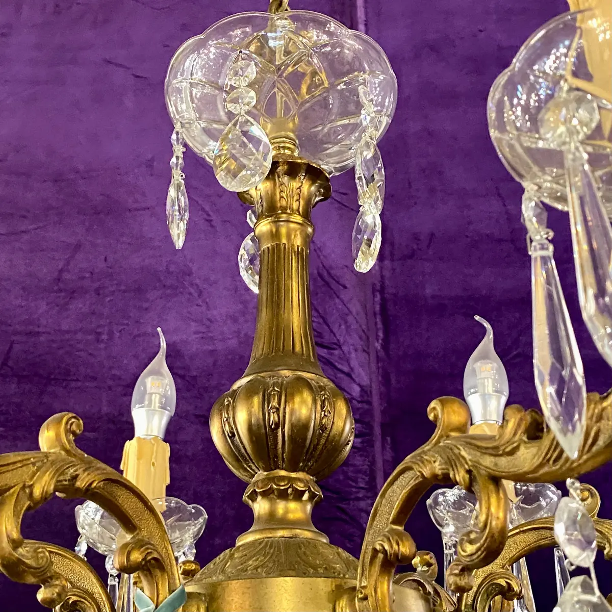 Antique French Brass & Crystal Chandelier With Tear Drop Crystals - Sold 2