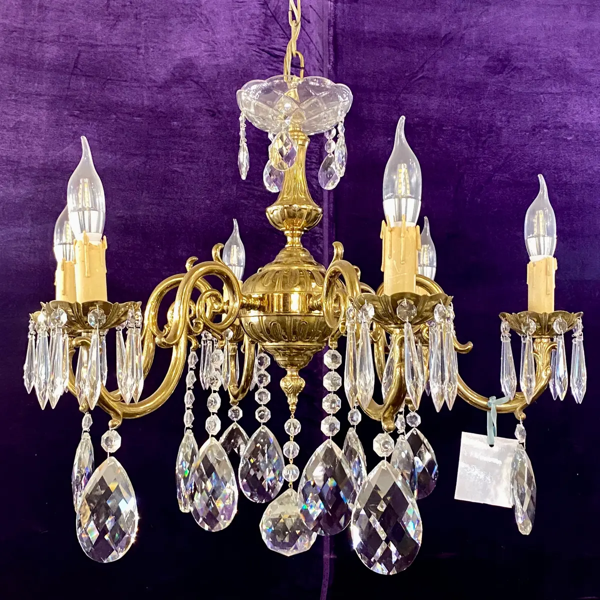 Antique French Brass Chandelier With Tear Drop Crystal - Sold 1